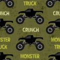 Boys seamless pattern with black monster truck, grunge texture and text